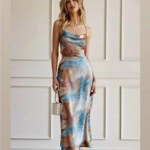 12th Tribe Womens Tribe Palm Watercolor Open Back Satin Dress Size Small